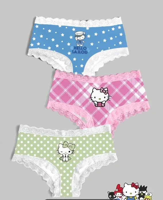 3 Pack hello kitty kawaii panties blue pink green 