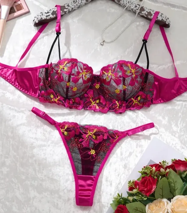 Red rose pink lacy lingerie panties and bra set