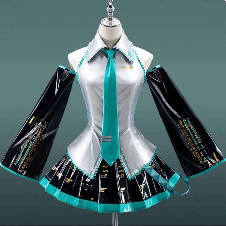 【Nekocos】Vocaloid Hatsune Miku Cosplay Miku Silver Patent Leather Cosplay Costume | In Stock - Full Set+Wig / S