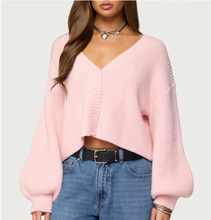 ($17) Chunky Knit Cropped Cardigan - Light Pink