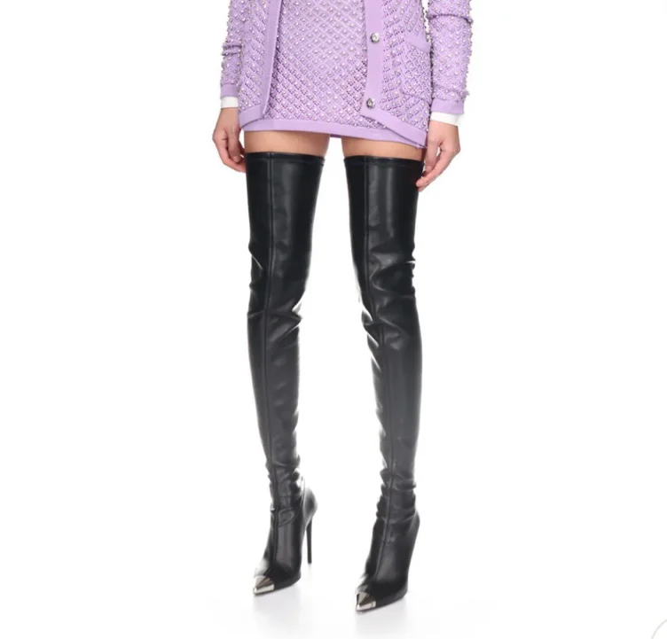 50% Off !! Black Napa Leather Thigh High Boot ft. Silver Toe