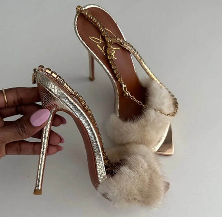 Goddess Crystal Fur Mule Heels