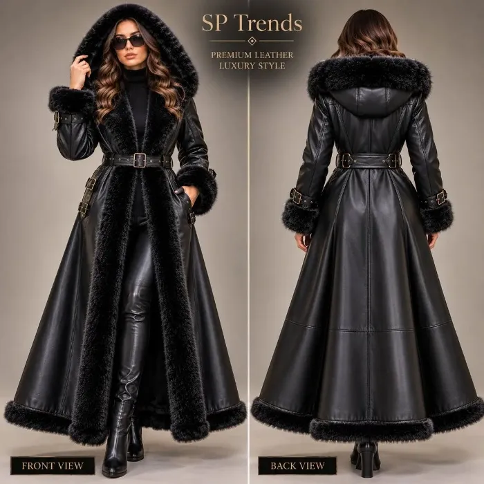 Black Women's Leather Coat with Hood - Special Offer %