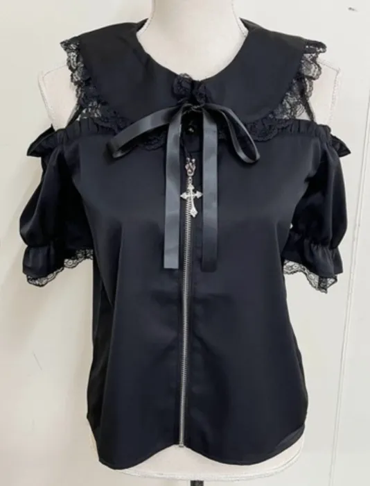 [MA*RS] Shoulder-opening cross zip slider blouse short sleeve - black