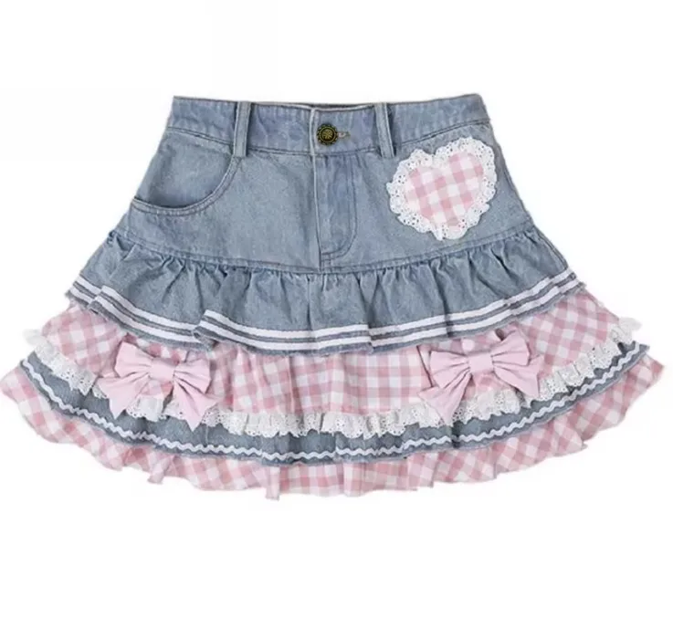 Preppy Style Lolita Kawaii Skirts Japanese Sweet Mini Women Harajuku Cute Ball Gown Denim Skater Y2K High Waist Lace Cake Skirts - AliExpress 200000345