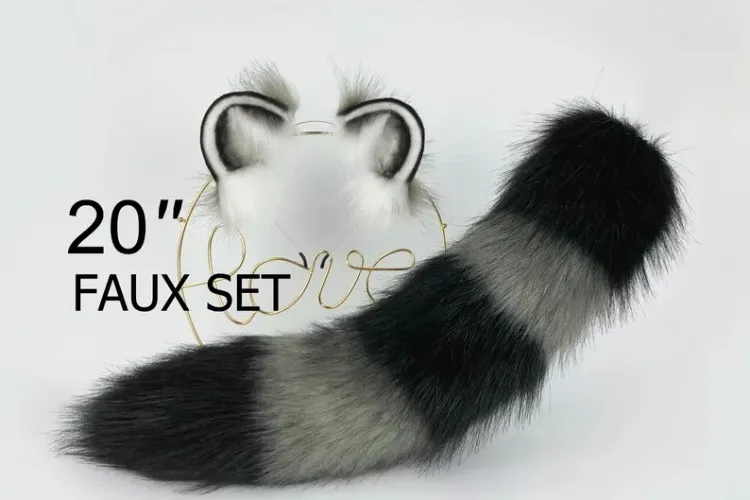 Faux fur raccoon ear and tail set 