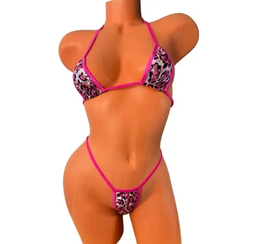 Crystal Pink Leopard Micro Bikini Set – Handmade Rhinestone Dancewear