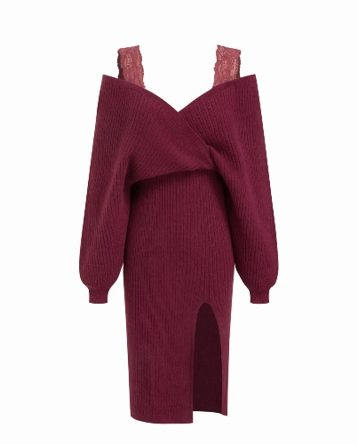 Knit Off-Shoulder Wrap Lace Split Midi Dress