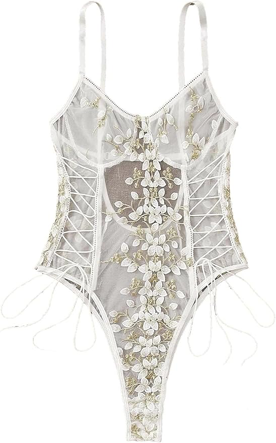 Lilosy Women Sexy Lace Up Floral Embroidered Teddy Lingerie Bodysuit Top Mesh Sheer One Piece - X-Small White