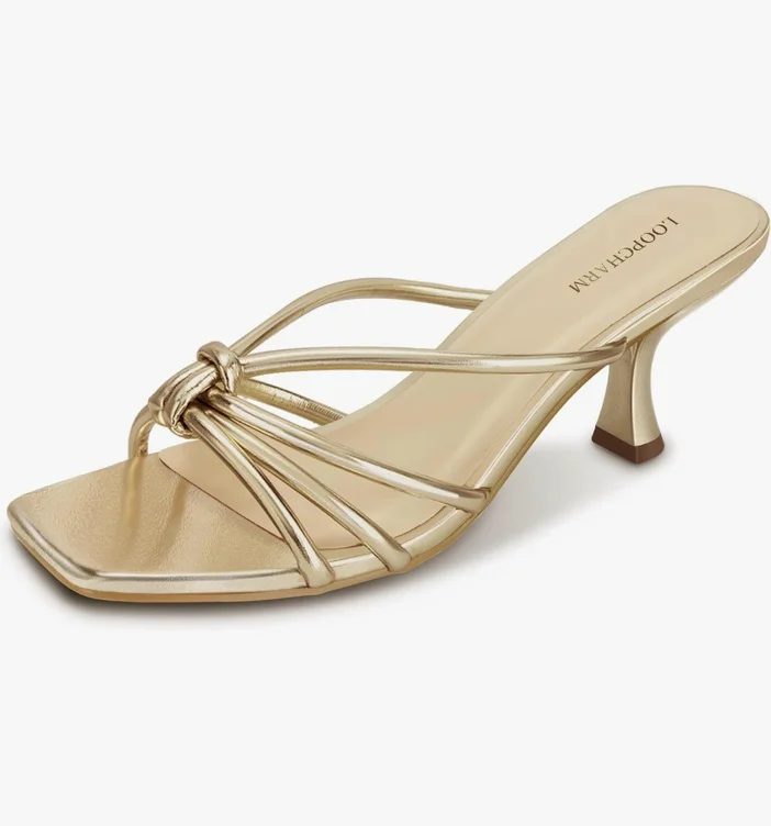 LOOPCHARM Women's Strappy Kitten Heel Knotted Square Open Toe Mule Sandals | Slip-On 2.75 Inch Dress Shoes for Wedding, Party, Vacation, Summer and Casual Wear - 7.5 - Gold PU