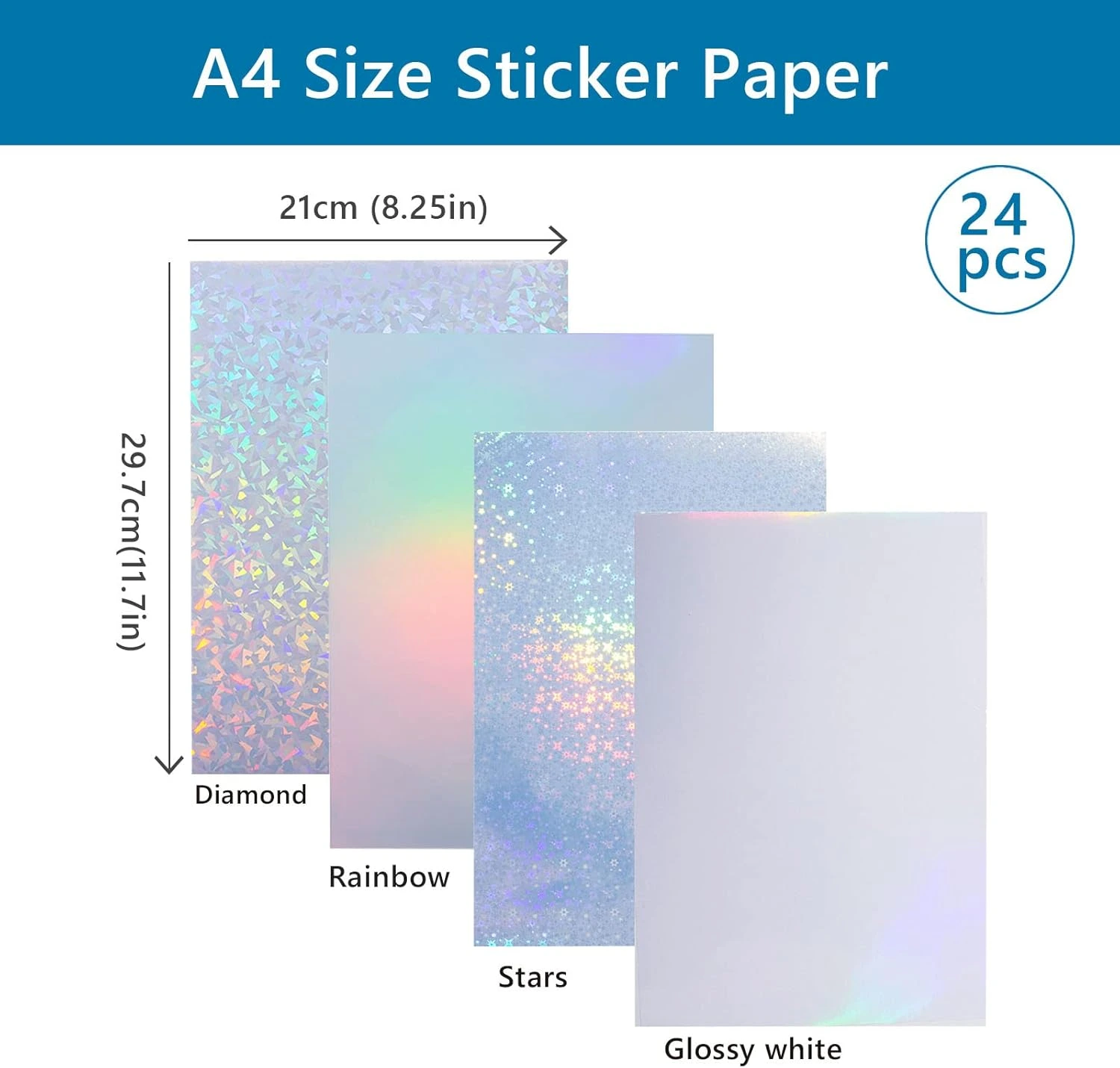 24 Sheets Printable Vinyl Sticker Paper A4 Size (21 x 29.7 cm) Holographic Sticker Paper Waterproof Quick Dry for Inkjet/Laser Printer : Amazon.com.be: Office Products