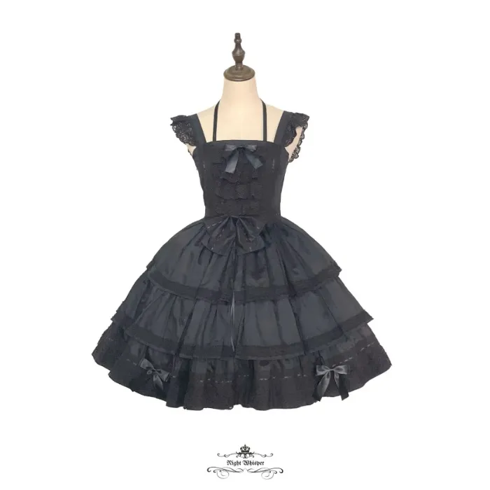 Three Tier All Black Classic Lolita Dress and Black Rectangle Headdress