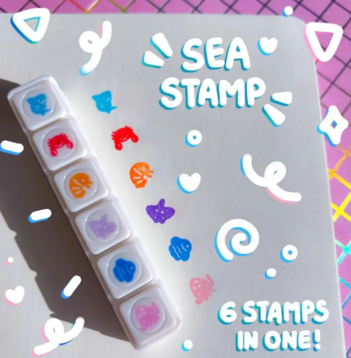 Sea Stamp Pre-Inked Mini Punch Stamp Stationery Journaling Ocean Animal Sea Creature Manta Ray Shrimp Crab Shark Squid Aquarium