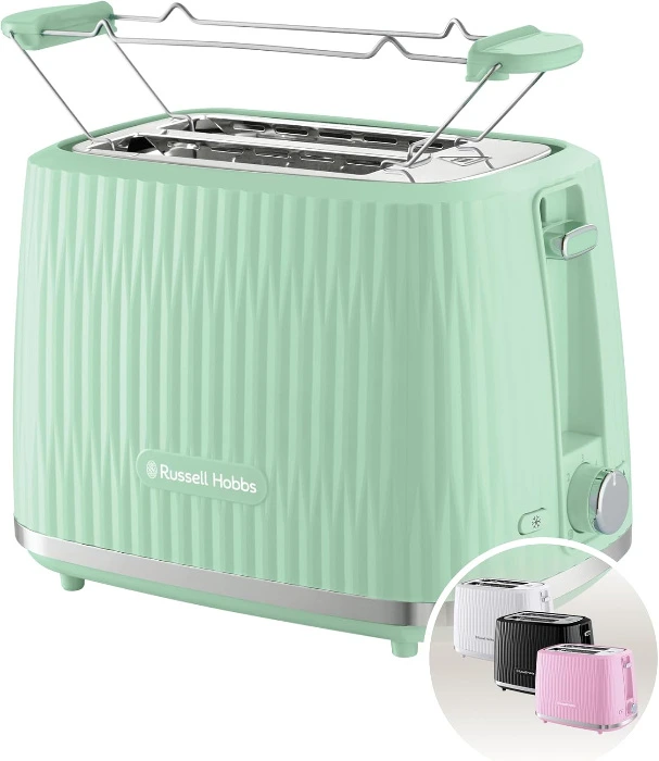 Russell Hobbs Toaster with 2 wide slots (6 browning levels, raising, defrosting, pastry warmer, automatic shut-off, removable crumb collector, pistachio textured design)
