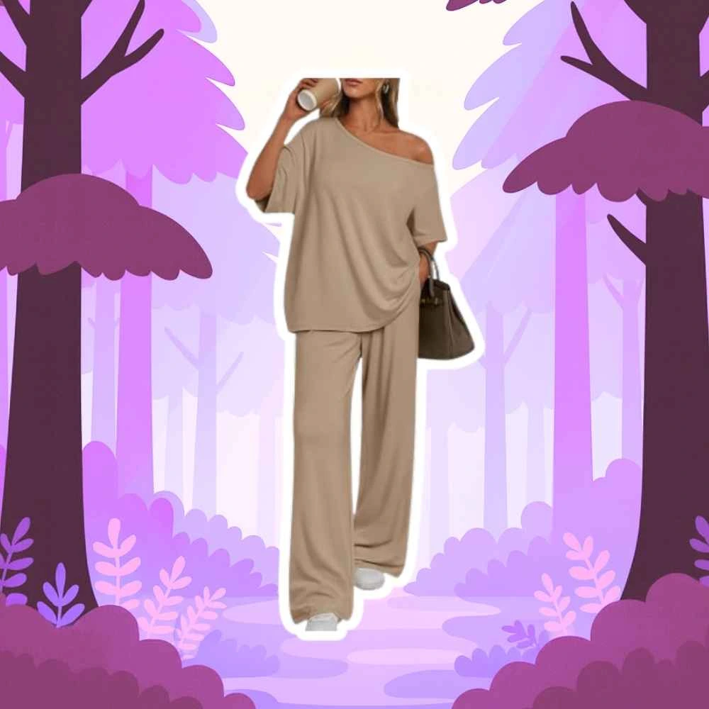 Trendy Queen Womens 2 Piece Lounge Sets Matching Comfy Outfits Clothing | Off Shoulder Oversized Tshirts & Wide Leg Pants Outfits - Medium - Mocha