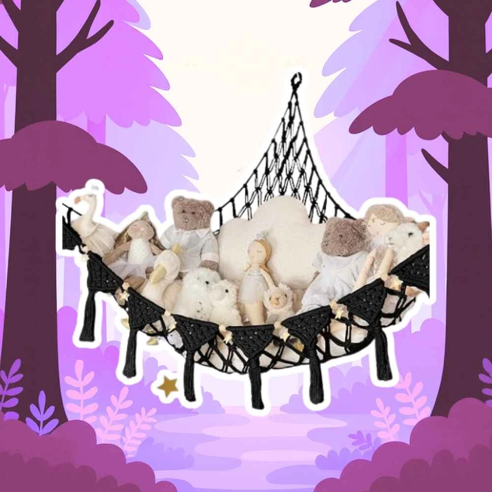 TIDYTEDS Macrame DreamLights Boho Stuffed Animal Storage Net Hammock Extra Large Plush Toy Storage Holder For Small Or Large Plushies BLACK - Black Night Sky