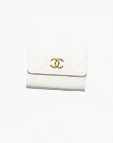 Chanel Flap Card Holder Grained Shiny Calfskin & Gold-Tone Metal  White
