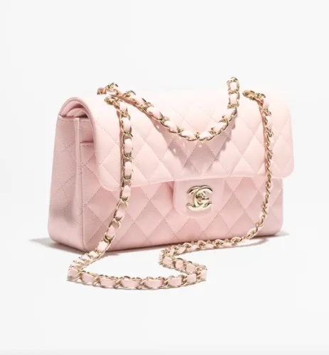 Small Classic Handbag  Grained Shiny Calfskin & Gold-Tone Metal  Light Pink