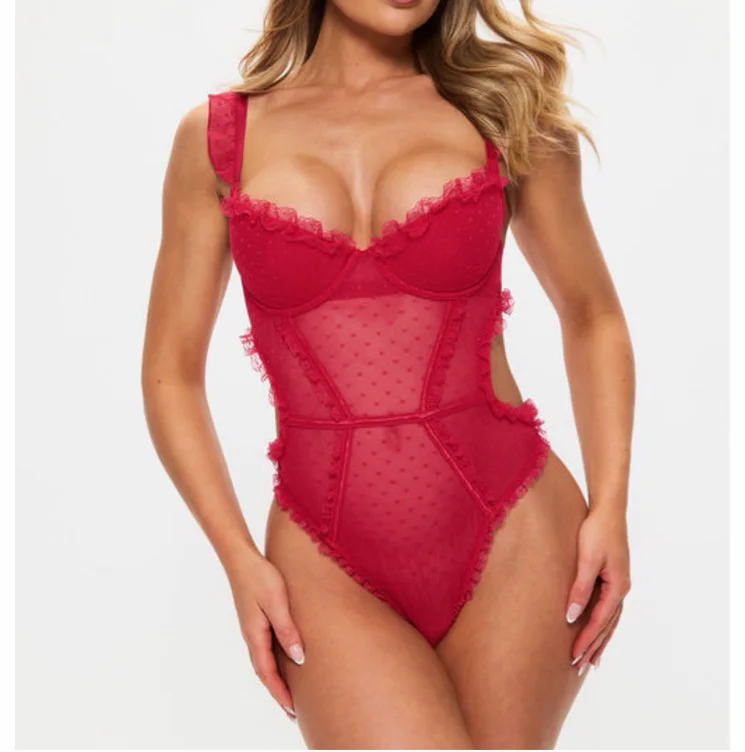 Locked on love padded crotchless lingerie Body - Red 