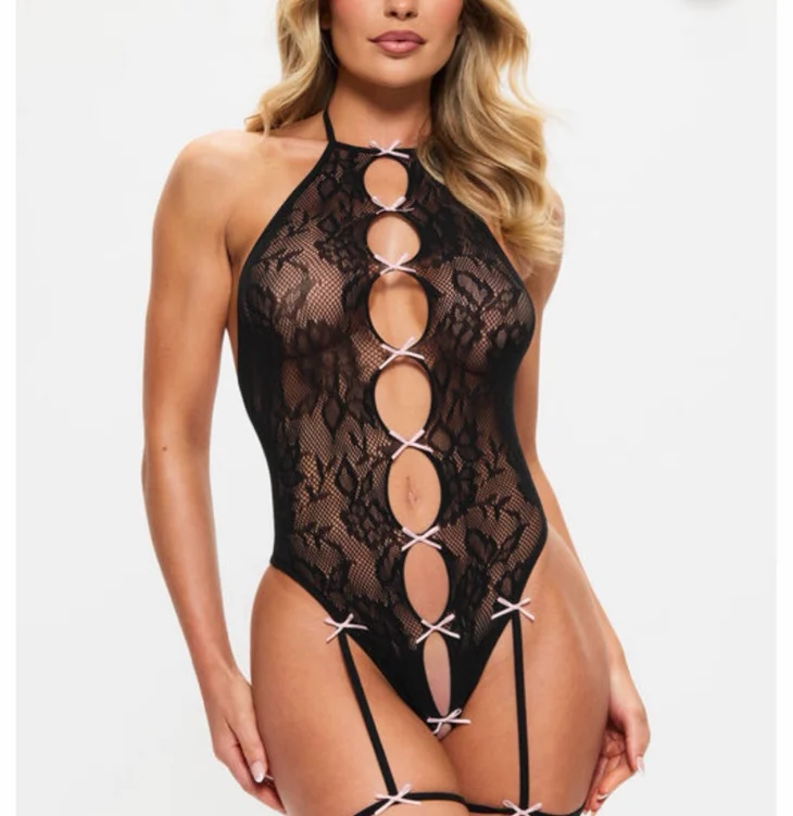 Flirty affair crotchless fishnet lingerie body - Black/Pink