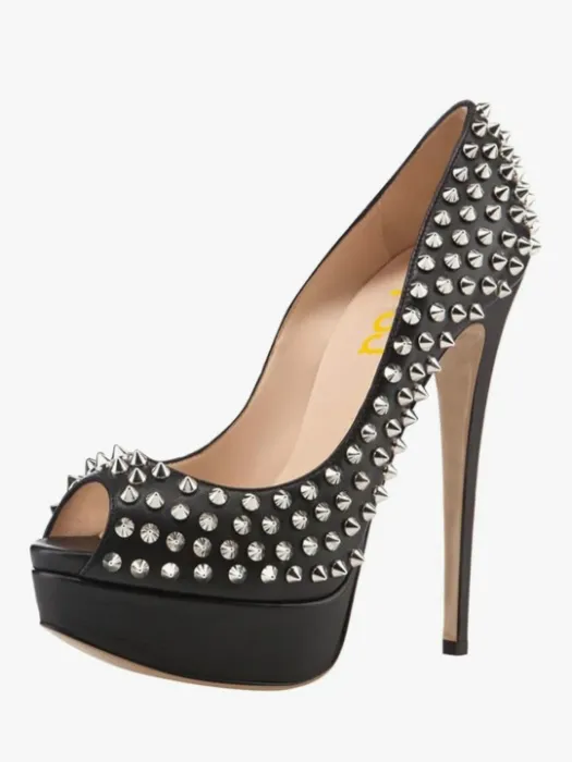 Classic Rivets Platform Heel Peep Toe Pumps High Stiletto Heel