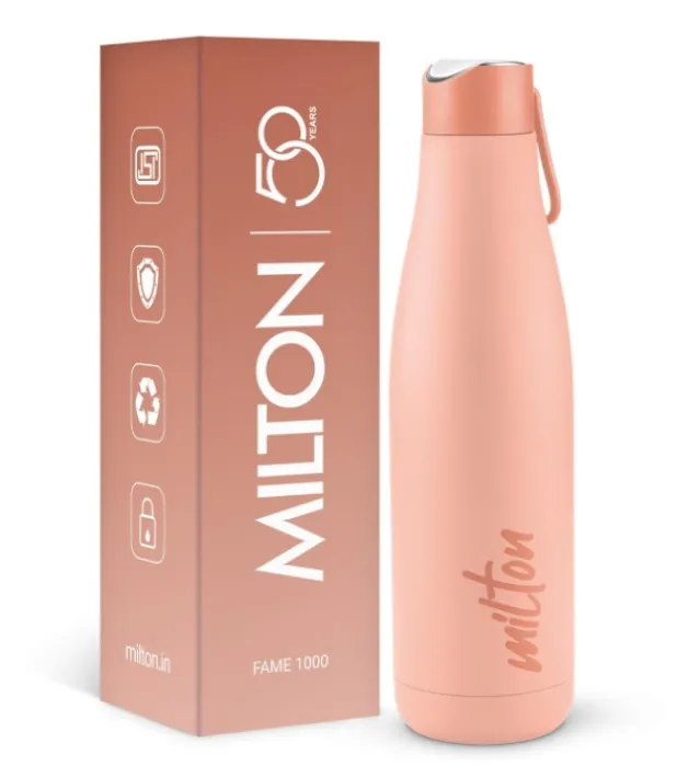 Milton Fame 1000 Thermosteel Water Bottle 880 ml, 24 Hr Hot and Cold I Leak Proof Lid, ISI Certified I Vacuum Insulated I for Office, Gym, School I Peach : Amazon.in: Home & Kitchen