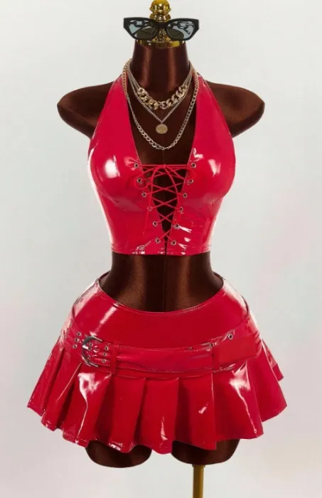 PU crop top with halterneck and pleated mini skirt (s)