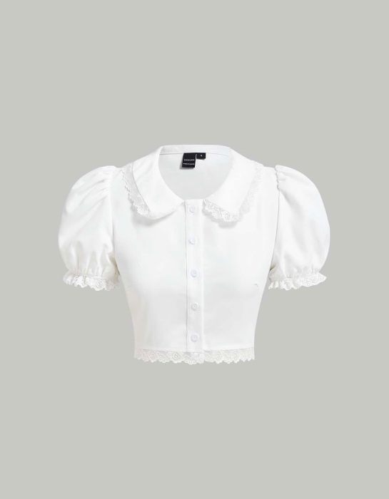 SHEIN MOD Blusa Cropped com Mangas Bufantes e Renda, Blusas de Manga Curta