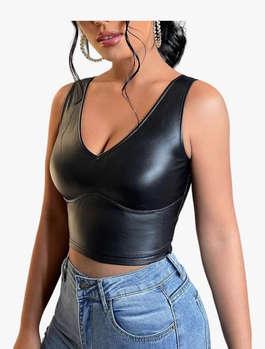 Floerns Women's PU Leather V Neck Solid Sleeveless Camisole Crop Tank Top