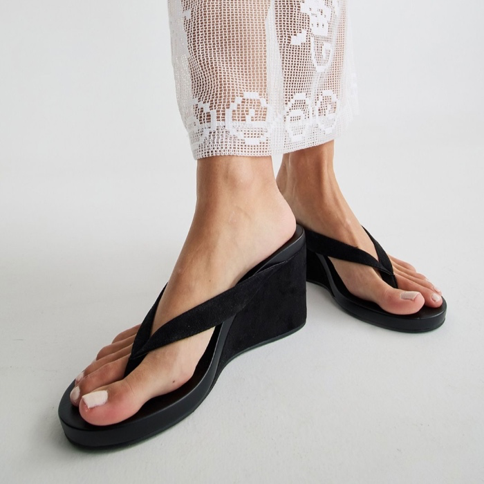Baci Black Suede Wedges Flip Flops