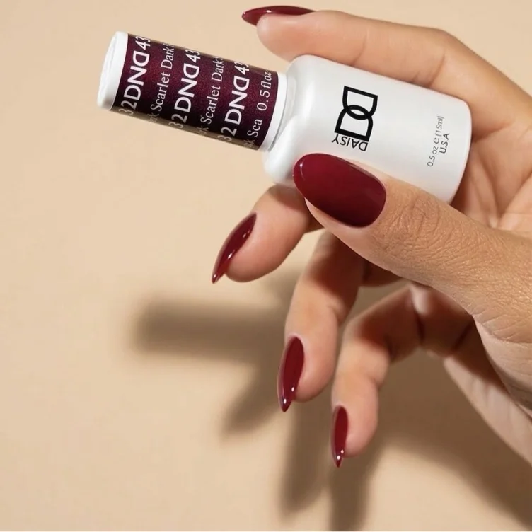 DND Gel Nail Polish Duo, Red, 0.5 Fl Oz Each | Matching UV/LED Gel Polish & Air Dry Lacquer Set, Chip-Free Long Lasting Red Nail Color, Easy Soak Off Removal - Dark Scarlet