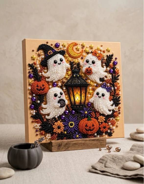 Diamond and Pearl Art Kits for Adults, Halloween Decorations, Framed Decor | DIY Halloween Decorations Indoor, 10 x 10 in, Framed Halloween Wall Decor, Halloween Craft Gift for Adults (Ghost 1) - style-A