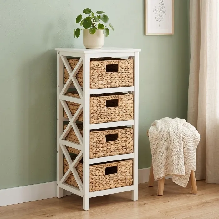 eHemco 4 Tier X-Side End Storage Cabinet, White | 4 Wicker Baskets, End Table, Side Table - 14"D x 14"W x 32.1"H (4 Drawers) - White