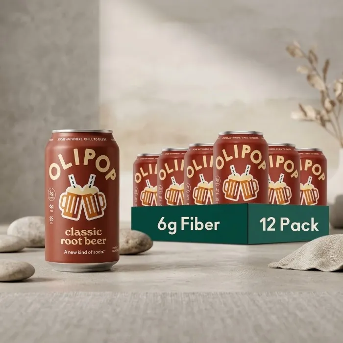 OLIPOP 6g Fiber Prebiotic Soda, Classic Root Beer, 12 fl oz, 12 Pack | Shelf Stable Prebiotic Soda, 6g Fiber, 3g Sugar, Digestive Health Support, Prebiotics & Botanicals, Gluten Free, Non GMO - Classic Root Beer - 12 Fl Oz (Pack of 12)