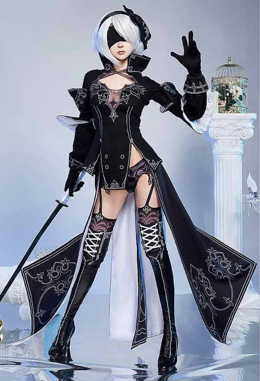 N Automata 2B Cosplay Costume Sexy Dress Outfit with Headband Stockings Gloves 
