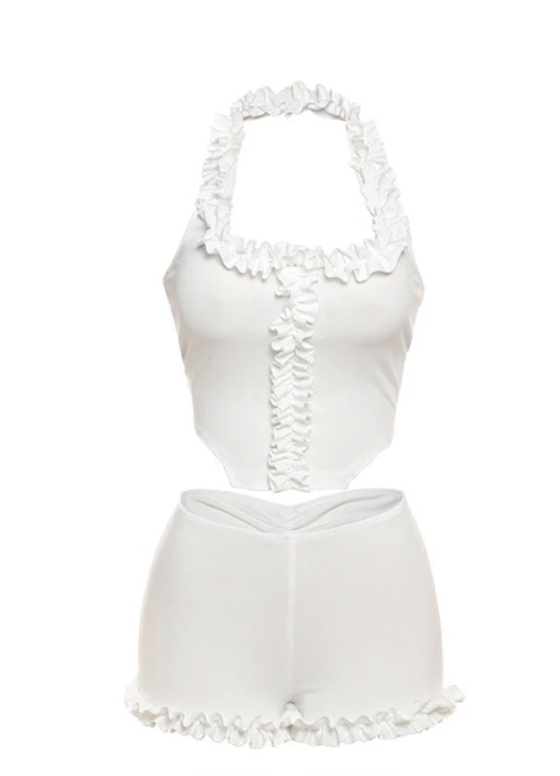 Halter Ruffle Solid Short Pant Set