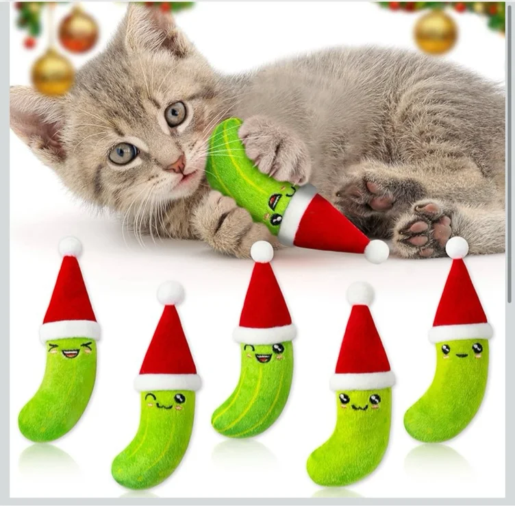 MALLMALL6 Catnip Toys for Cat - 5Pcs Christmas Pickle Catmint Interactive Cat Toy for Indoor Cats, Soft Santa Hat Kitten Supplies, Kitten Teething Chew Toy Set, Pet Xmas Gifts for Kitty Lover - Christmas Pickle