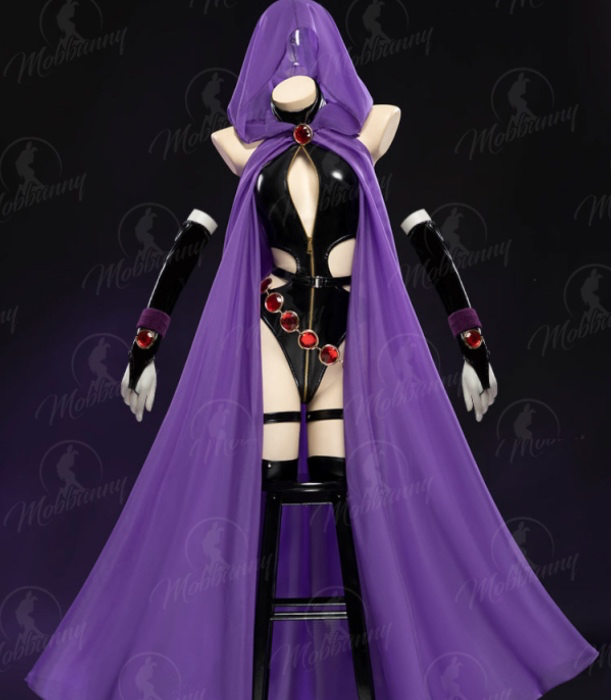 Gothic Black Halter Backless Bodysuit Cutout Leather Bodysuit with Hooded Cape and Belt