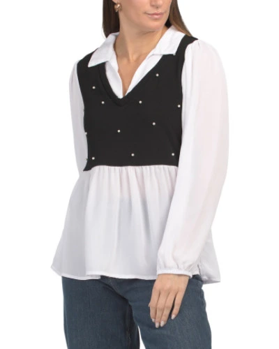 V-neck Twofer Top With Woven Collar