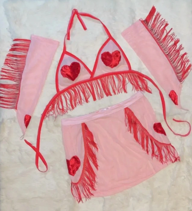 Mesh Fringe Heart Outfit, 3-Piece Outfit 
