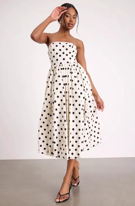 Ivory Polka Dot Strapless Bubble-Hem Midi Dress