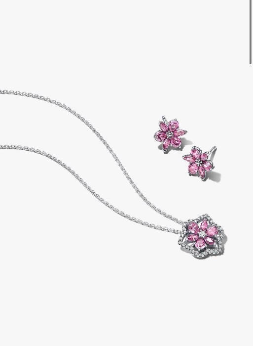 Pandora Herbarium Pink Flower Necklace & Earrings Gift Set