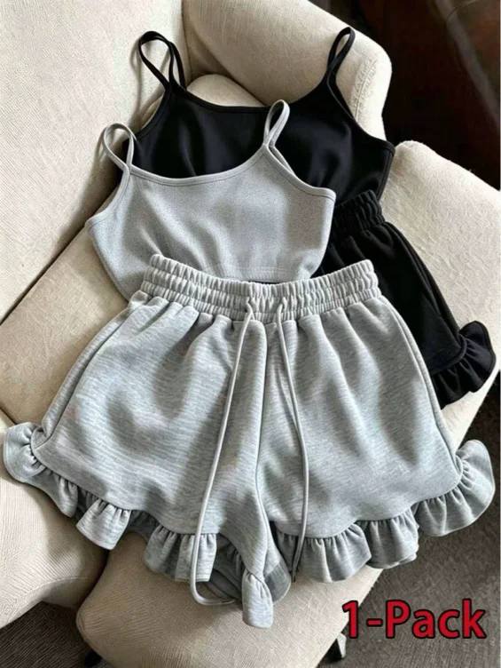 Franclia Dames 2-delige set met effen camisole tanktop en casual shorts met trekkoord in de taille