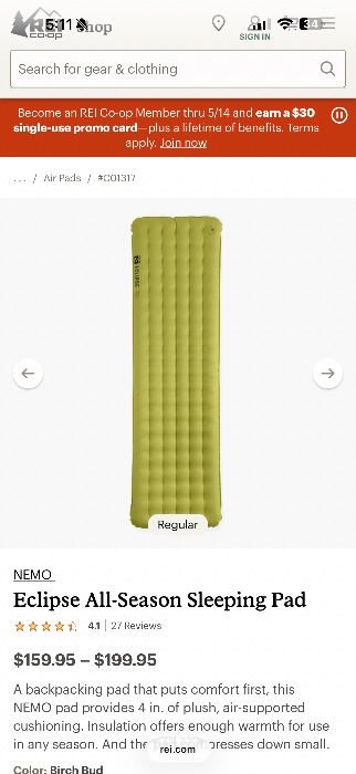Eclipse All-Season Sleeping Pad - Birch Bud - Long Wide