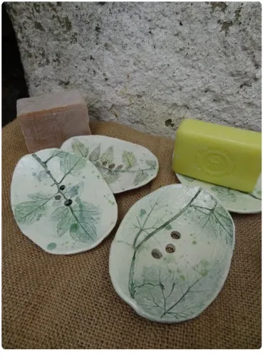 Handmade ceramic soap dish with plant prints