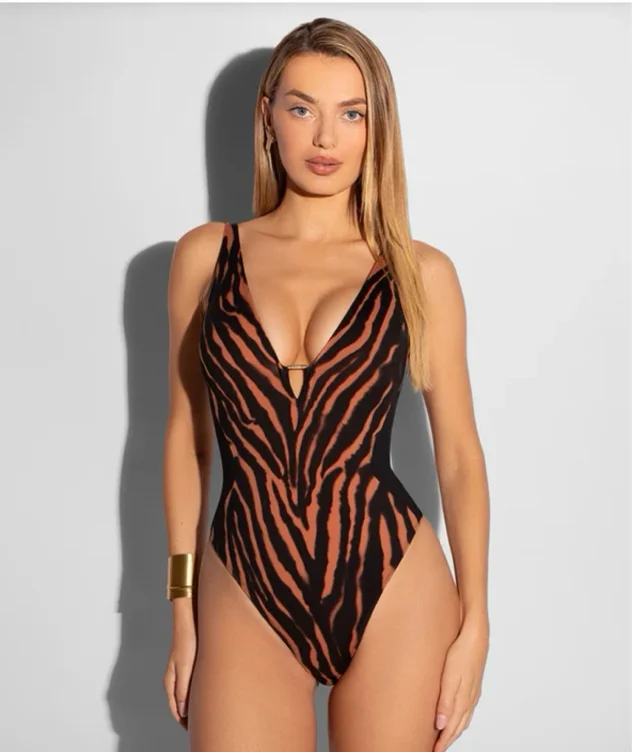 Hi Cut Plungey Swimsuit- Contour Baked Clay Zebra/Black 