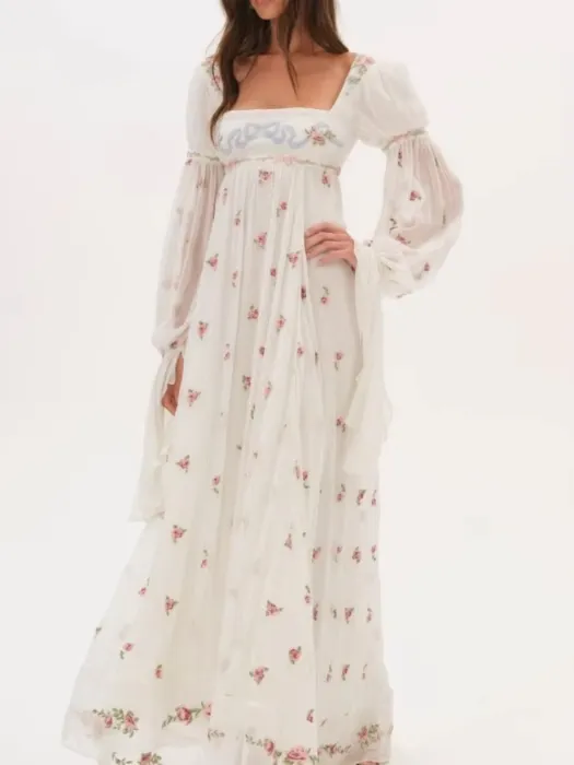 Princess dress :3 - Cottagecore Floral Maxi Dress Women's Square Neck Long Puff Sleeve