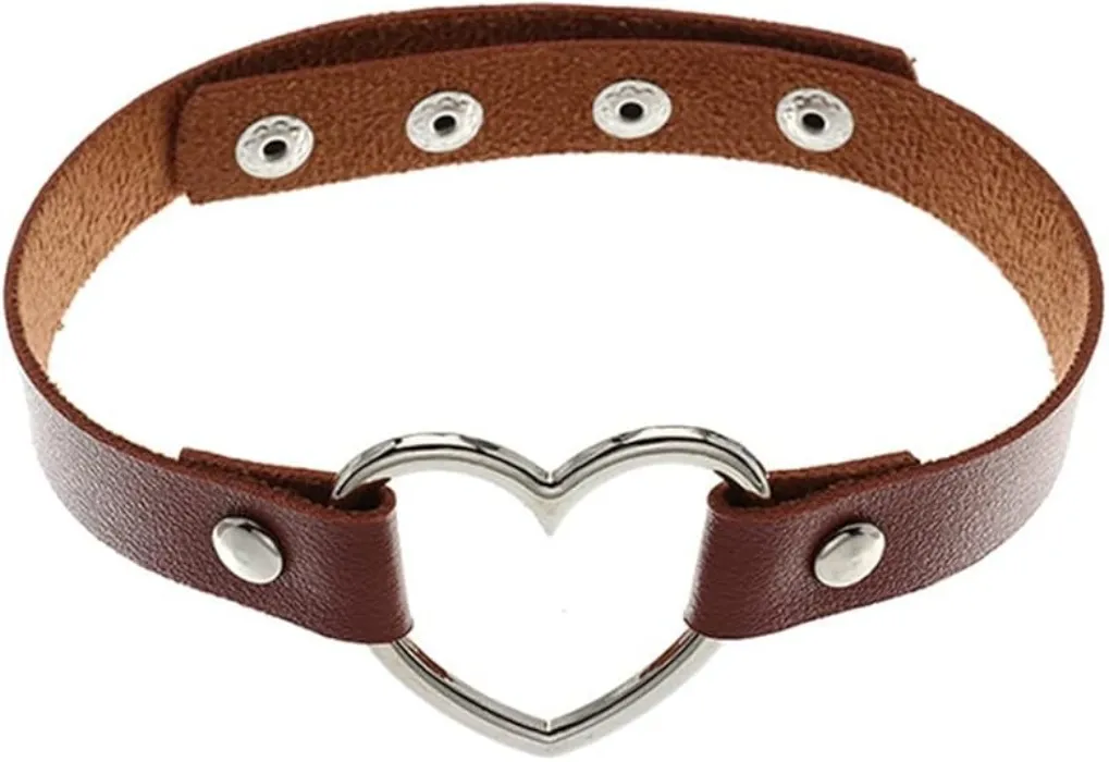 Hiphop Street Dance Hollow Peach Love Metal Heart Ring Double Color Matching Stitching Leather Collar Goth Choker Necklaces for Women Punk Cool Jewelry - H brown