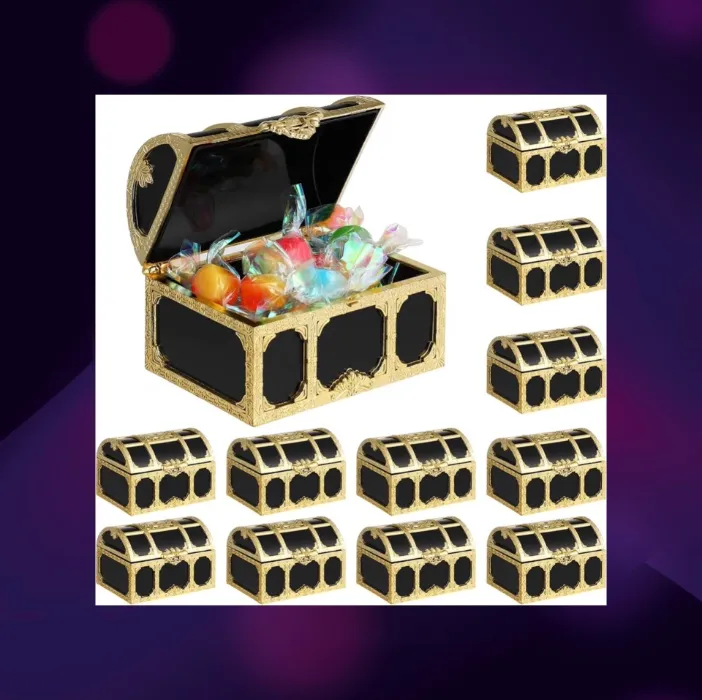 TOYANDONA 12 Pcs Treasure Chests: Plastic Small Treasure Box, Halloween Vintage Pirate Jewelry Box, Piggy Bank for Halloween Birthday Party Favors for Boys Girls(2.95x2.12x1.97in)