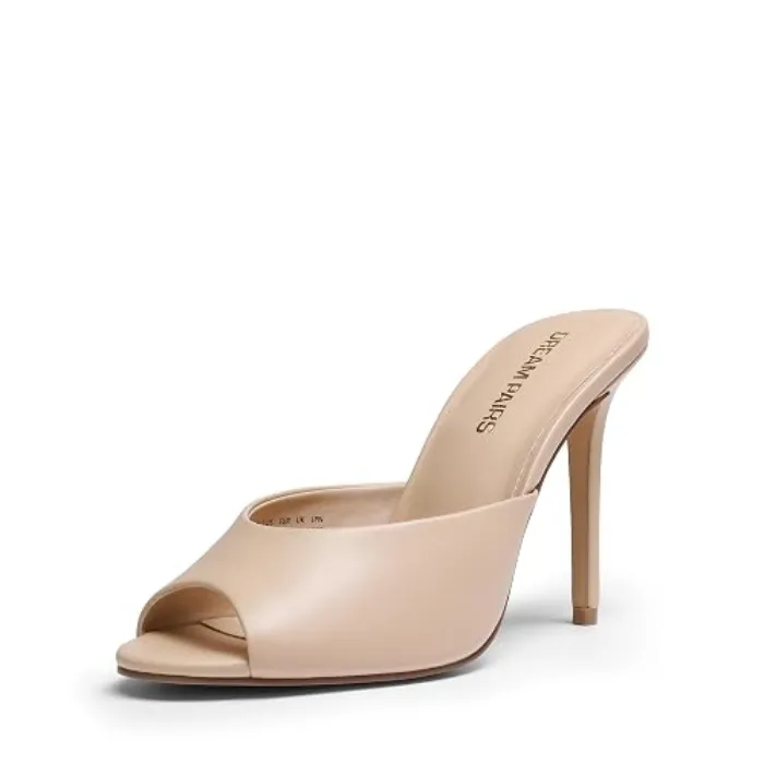 DREAM PAIRS Women's Peep Toe Mule Heel Sandal | chic sexy 3.94 inch high heels,stiletto open round peep toe mules, slip on dress shoes, for party dressy prom wedding - 8 - Nude